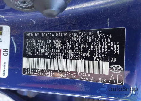 2014 Toyota Corolla S Plus z USA, uszkodzony, nr VIN 2T1BURHE0EC097067